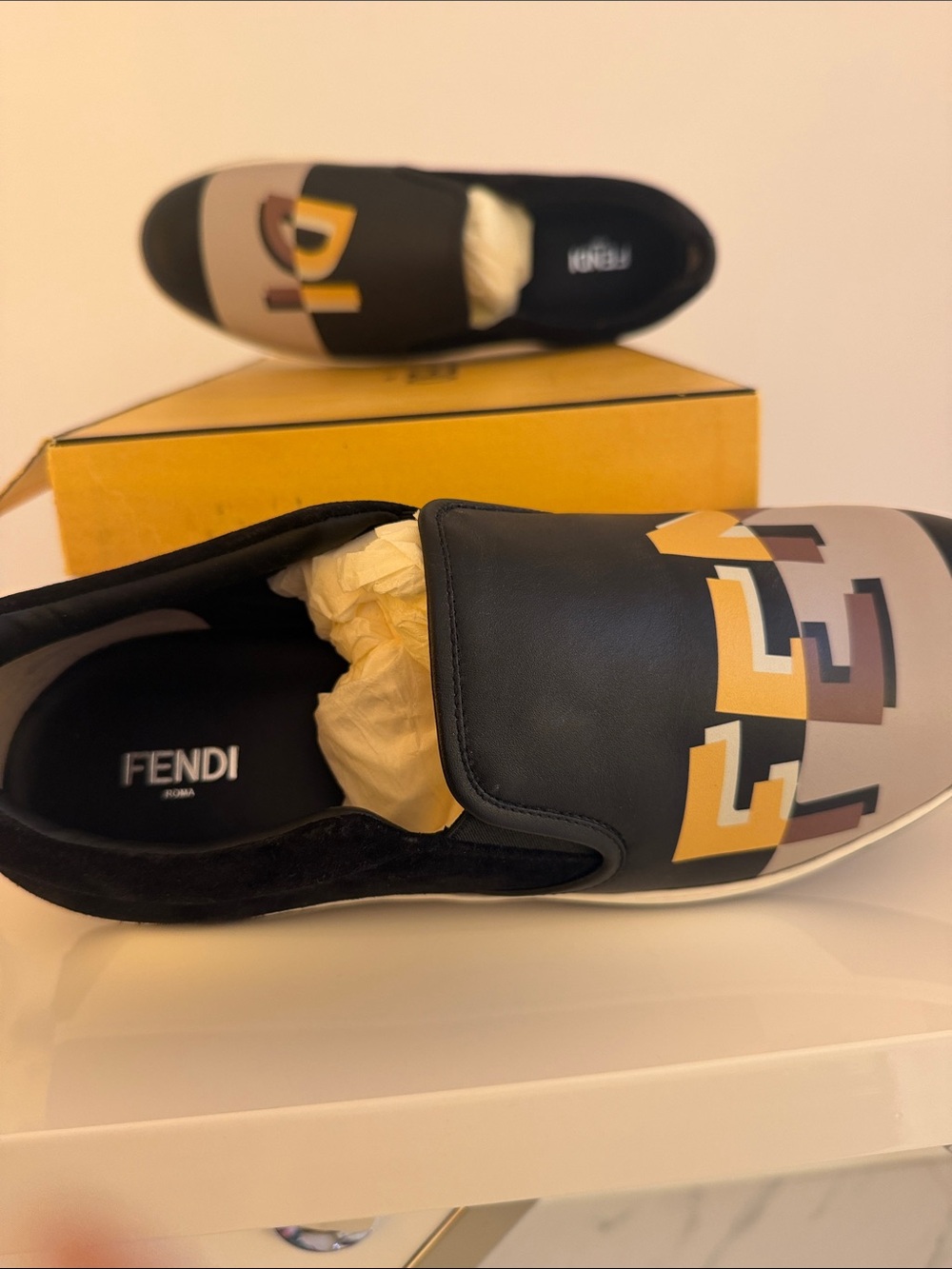 Fendi Black, Beige & Yellow Logo Slip-On Loafers